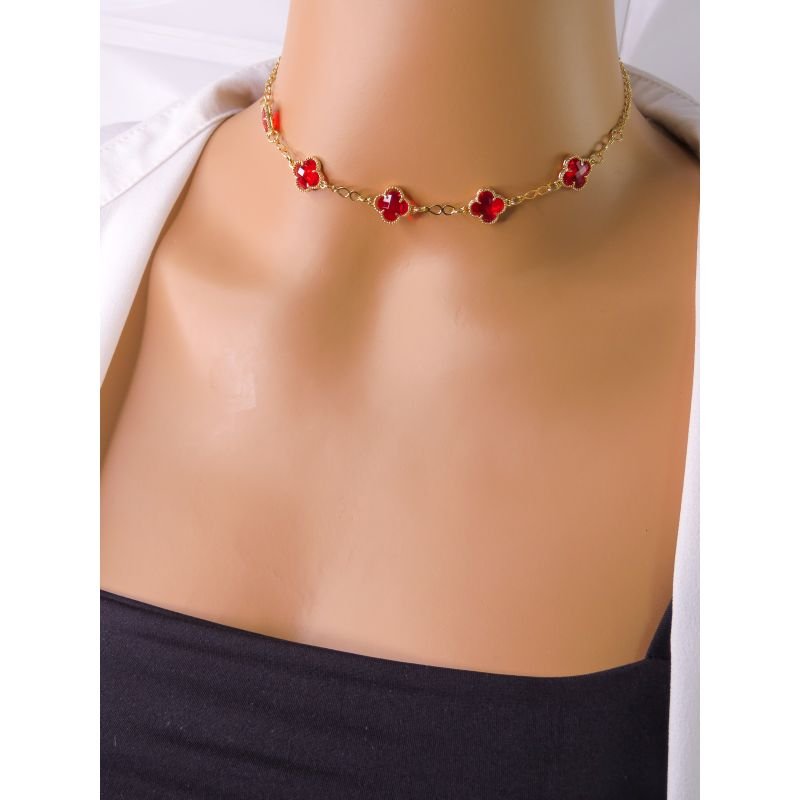 COLAR JOINHA FOLHEADA A OURO - TREVO VERMELHO
