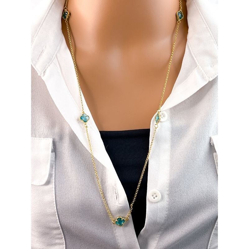 COLAR LONGO FOLHEADO A OURO - TREVO VIRGINIA AZUL TIFANY
