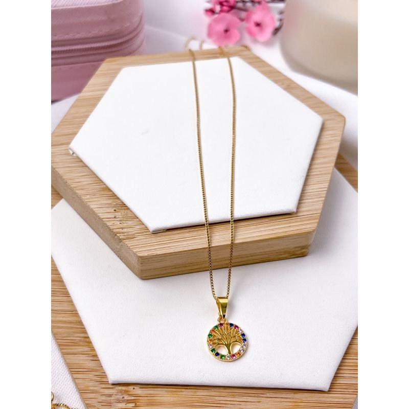 COLAR VENEZIANA FOLHEADO A OURO - PINGENTE ARVORE CRAVEJADA