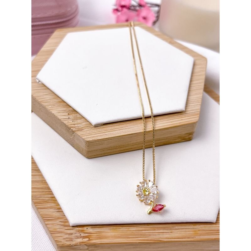 COLAR VENEZIANA FOLHEADO A OURO - PINGENTE FLOR CRAVEJADA