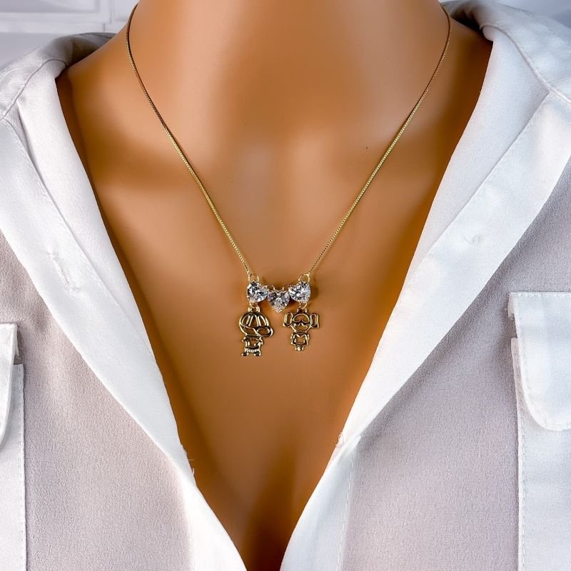 COLAR VENEZIANA FOLHEADO A OURO 18K - CORAÇÕES ZIRCONIA CASAL