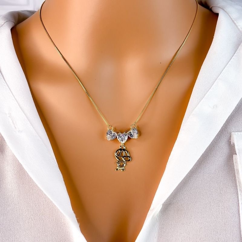 COLAR VENEZIANA FOLHEADO A OURO 18K - CORAÇÕES ZIRCONIA MENINO