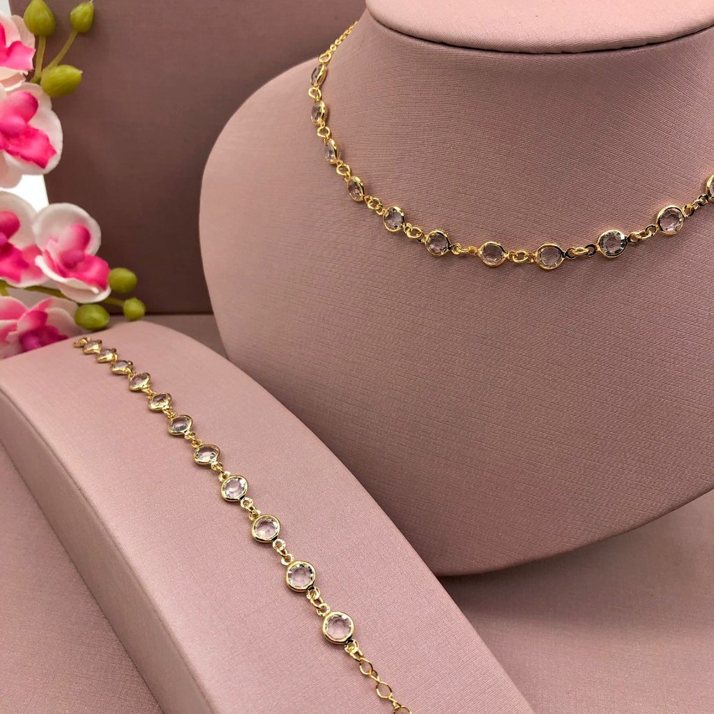 CONJUNTO CHOKER JOINHA E PULSEIRA FOLHEADA DOURADO - TIFANY CRISTAL