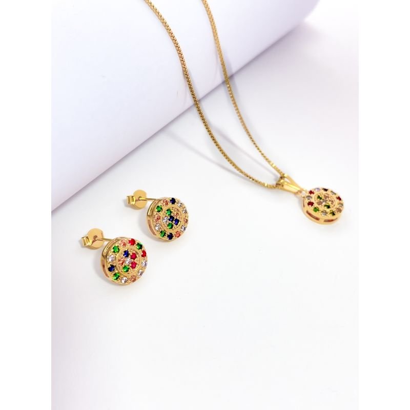 CONJUNTO COLAR E BRINCO FOLHEADO A OURO CRAVEJADO COLORIDO