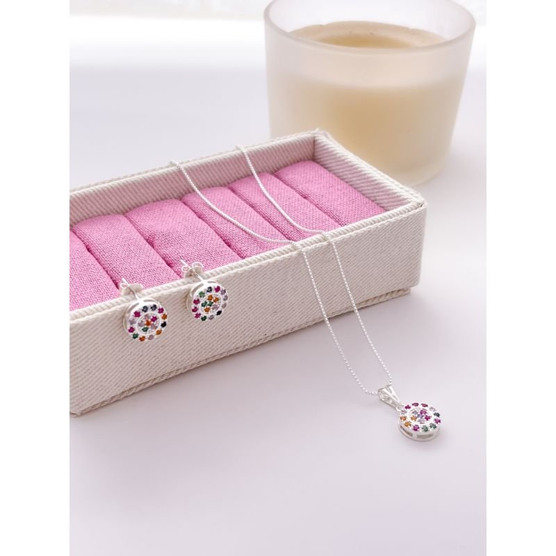 CONJUNTO COLAR E BRINCO FOLHEADO A PRATA CRAVEJADO COLORIDO
