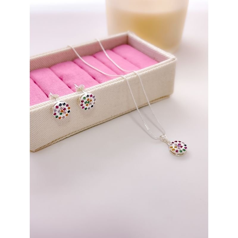 CONJUNTO COLAR E BRINCO FOLHEADO A PRATA CRAVEJADO COLORIDO