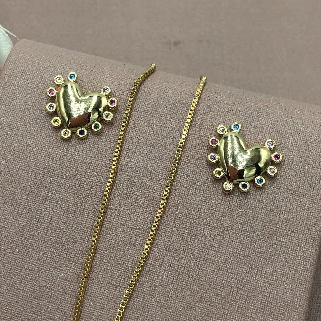 CONJUNTO COLAR VENEZIANA E PAR DE BRINCO - CORAÇÃO CRAVEJADO ZIRCÔNIA COLORIDO