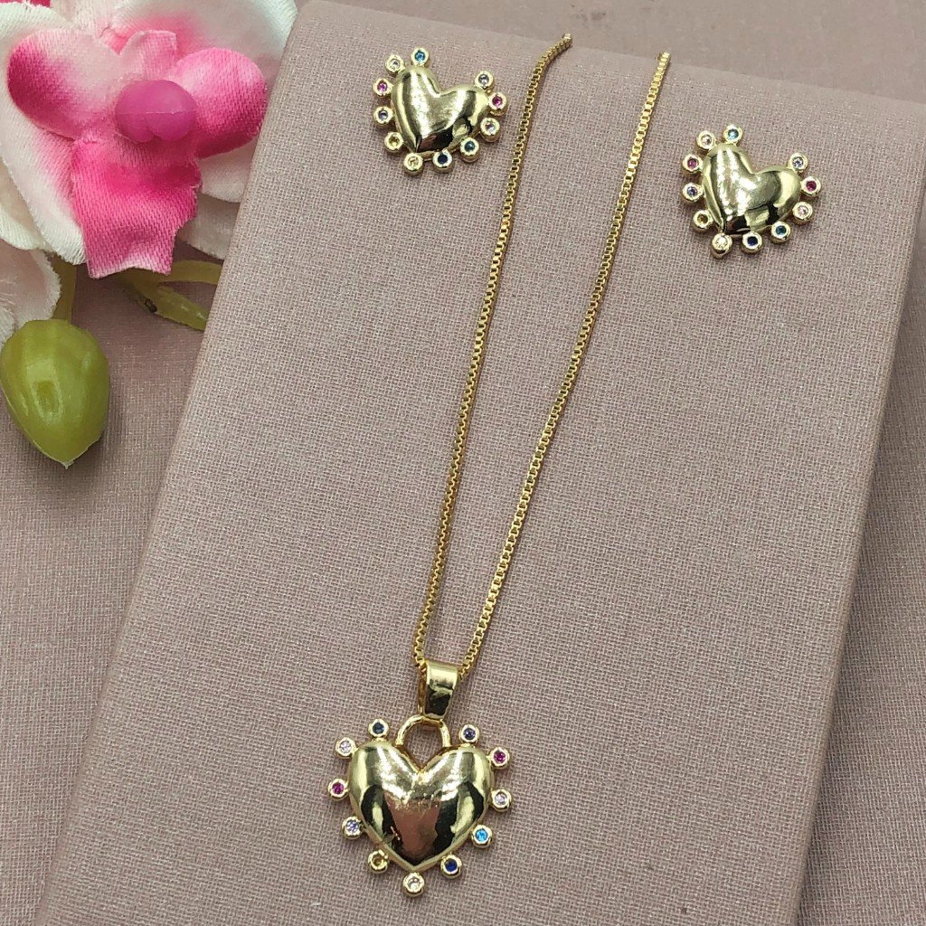 CONJUNTO COLAR VENEZIANA E PAR DE BRINCO - CORAÇÃO CRAVEJADO ZIRCÔNIA COLORIDO