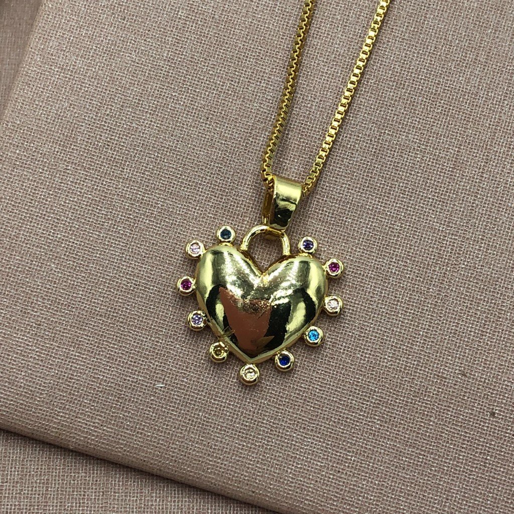 CONJUNTO COLAR VENEZIANA E PAR DE BRINCO - CORAÇÃO CRAVEJADO ZIRCÔNIA COLORIDO