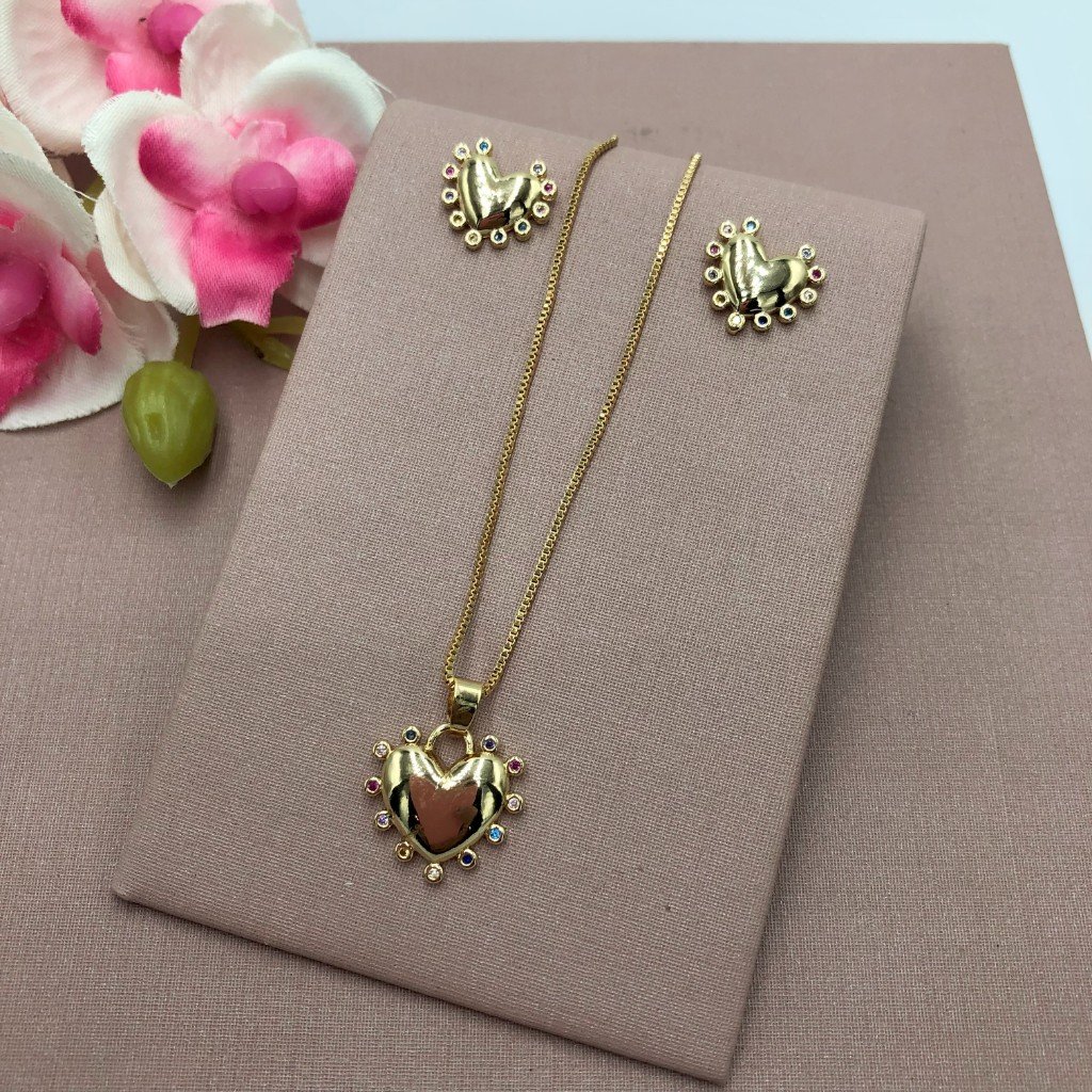 CONJUNTO COLAR VENEZIANA E PAR DE BRINCO - CORAÇÃO CRAVEJADO ZIRCÔNIA COLORIDO
