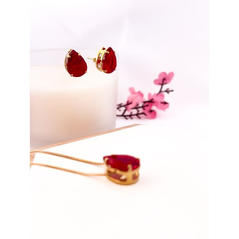 CONJUNTO FOLHEADO A OURO - PINGENTE GOTA ZIRCONIA VERMELHO