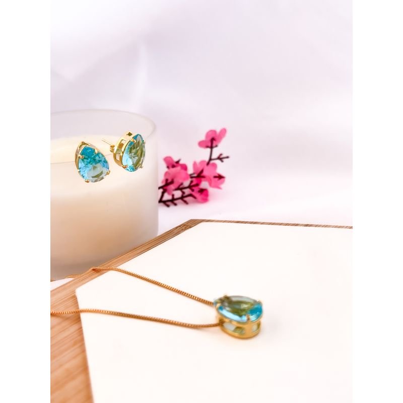 CONJUNTO FOLHEADO A OURO 18K - PINGENTE GOTA ZIRCONIA AZUL CLARO