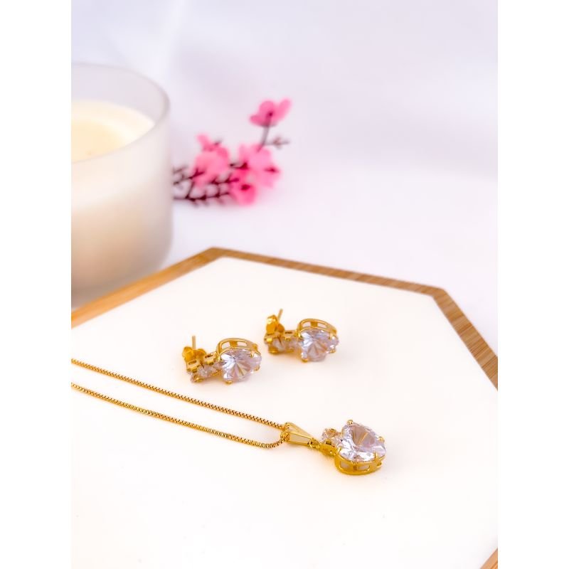 CONJUNTO FOLHEADO A OURO 18K - PINGENTE ZIRCONIA CORAÇÃO CRISTAL