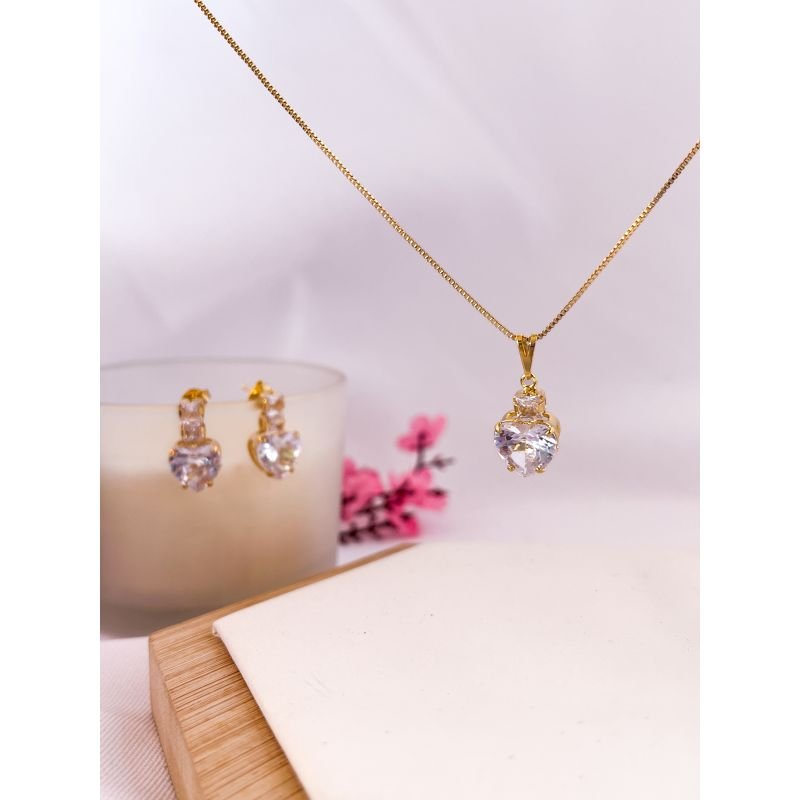 CONJUNTO FOLHEADO A OURO 18K - PINGENTE ZIRCONIA CORAÇÃO CRISTAL