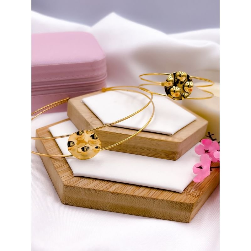 CONJUNTO FOLHEADO A OURO CHOCKER E BRACELETE ARO - REDONDO MARTELADO