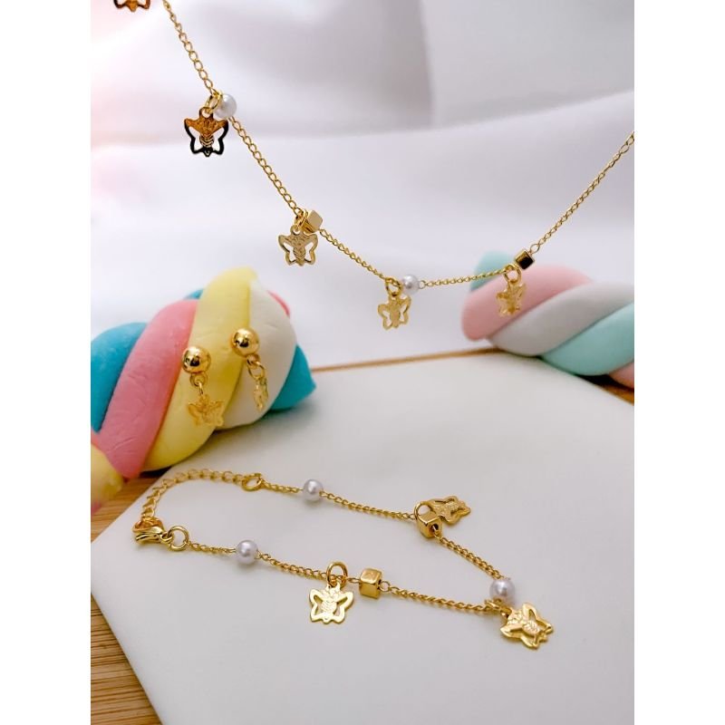CONJUNTO FOLHEADO A OURO KIDS - BORBOLETAS E PEROLAS