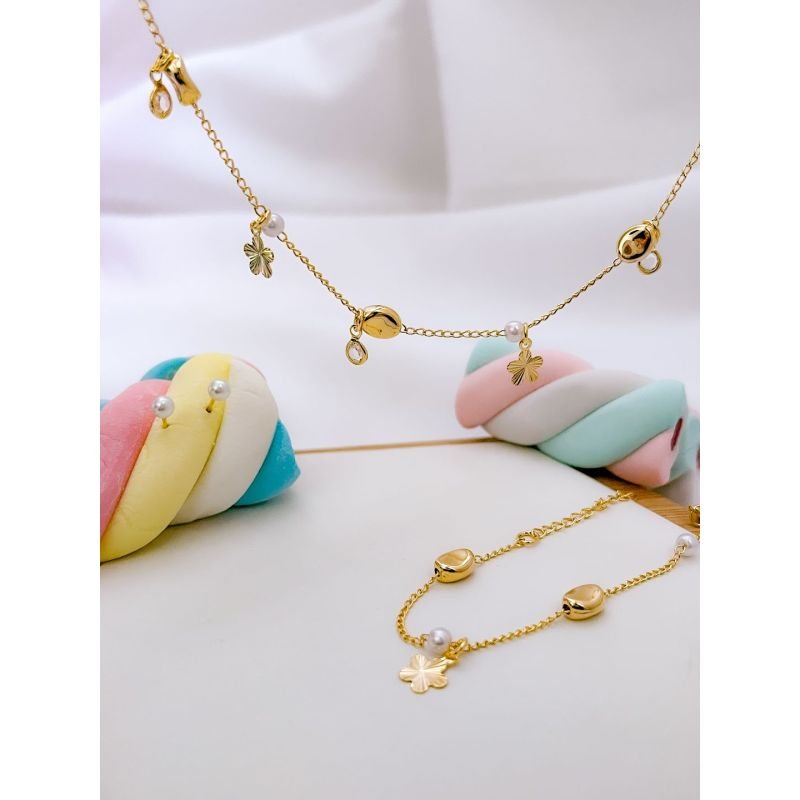 CONJUNTO FOLHEADO A OURO KIDS - FLOR E PEROLAS