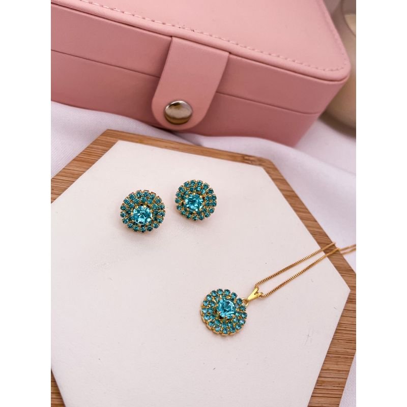CONJUNTO FOLHEADO A OURO STRASS BOTÃO - AZUL CLARO
