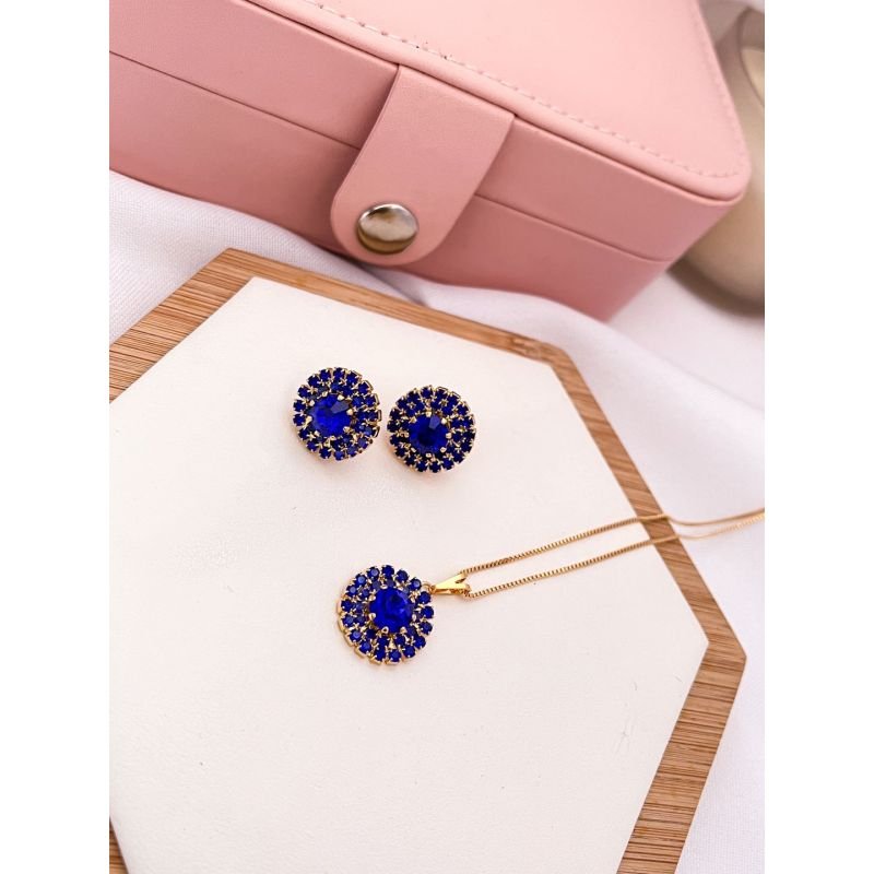 CONJUNTO FOLHEADO A OURO STRASS BOTÃO - AZUL ESCURO