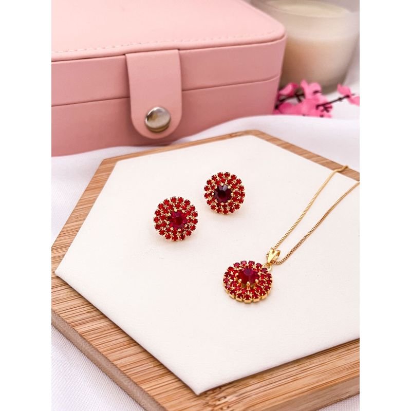 CONJUNTO FOLHEADO A OURO STRASS BOTÃO - VERMELHO