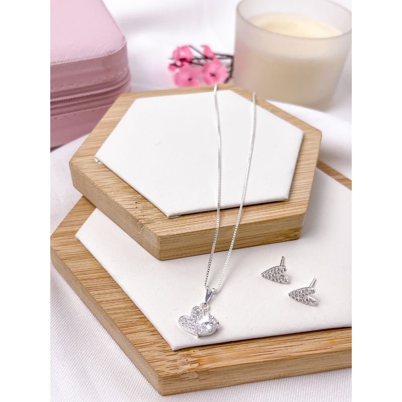 CONJUNTO FOLHEADO A PRATA - PINGENTE MICROCRAVEJADO ZIRCONIA CORAÇÃO DELICADO CRISTAL