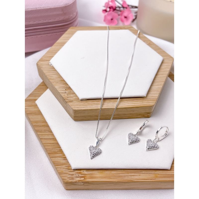 CONJUNTO FOLHEADO A PRATA - PINGENTE MICROCRAVEJADO ZIRCONIA CORAÇÃO DELICADO CRISTAL
