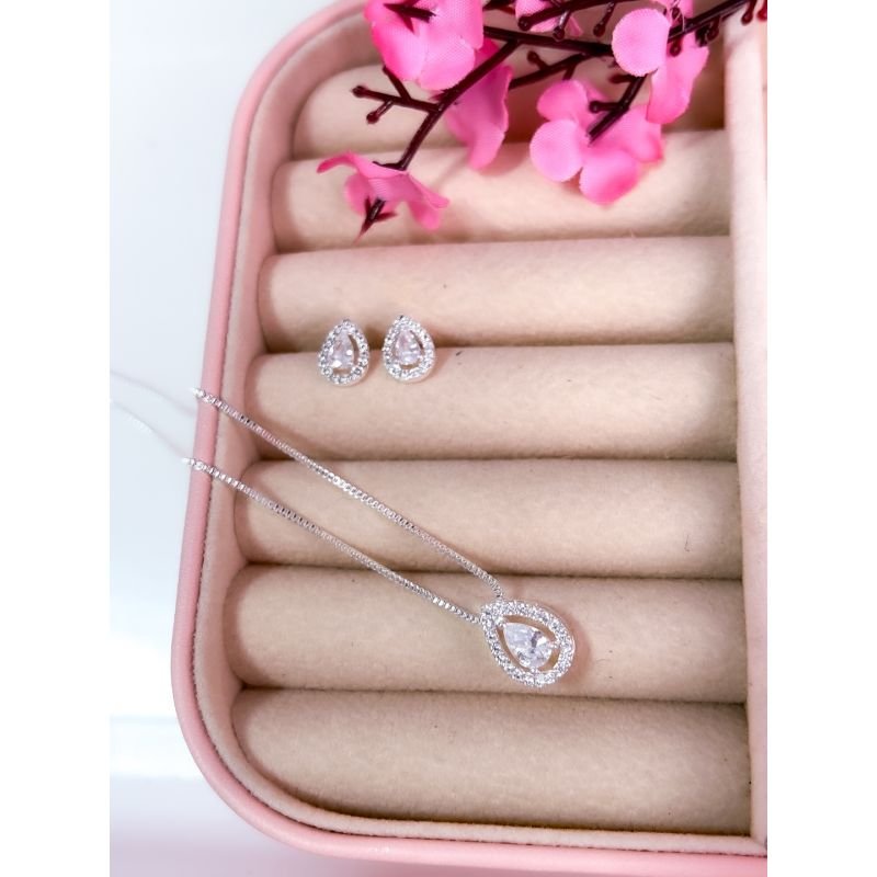CONJUNTO FOLHEADO A PRATA - PINGENTE ZIRCONIA GOTINHA DELICADO CRISTAL