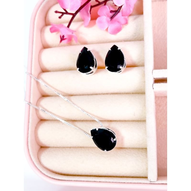CONJUNTO FOLHEADO A PRATA 925 - PINGENTE ZIRCONIA GOTA PRETA