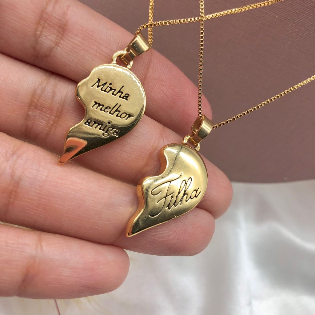 KIT 2 COLARES FOLHEADOS A OURO - CORRENTE CADEADO FINO MÃE E FILHA