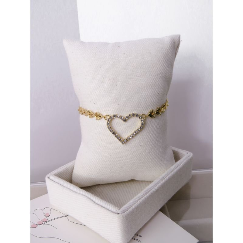 PULSEIRA FOLHEADA A OURO - CORAÇÃO CRAVEJADO