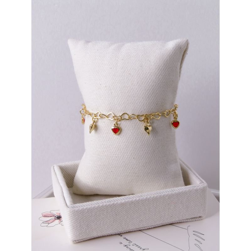 PULSEIRA FOLHEADA A OURO - CORAÇÕES COM ZIRCONIA VERMELHA