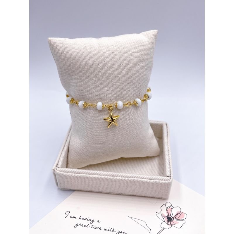 PULSEIRA FOLHEADA A OURO - CRISTAIS BRANCO COM PINGENTE ESTRELA