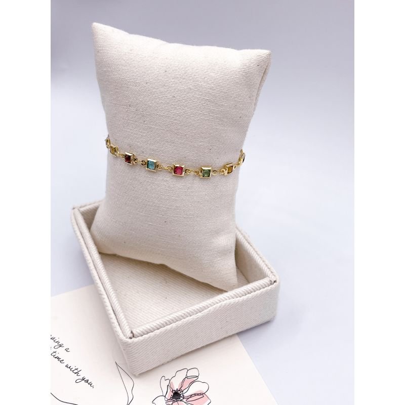 PULSEIRA FOLHEADA A OURO - CRISTAIS QUADRADINHOS COLORIDOS