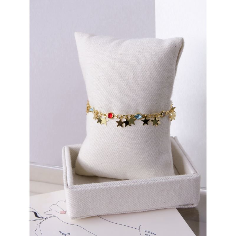 PULSEIRA FOLHEADA A OURO - ESTRELAS E TIFANY COLORIDA