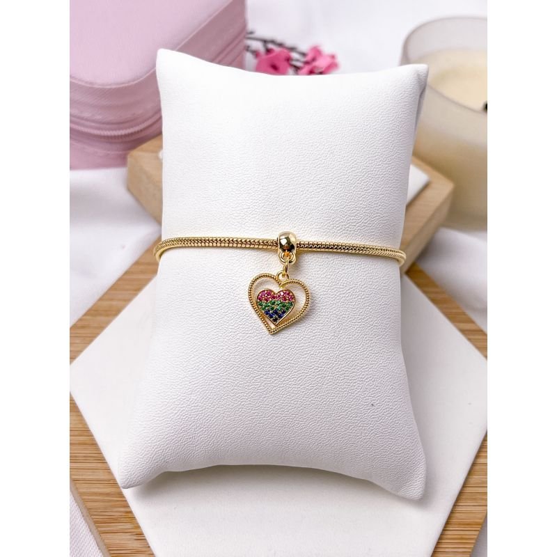 PULSEIRA FOLHEADA A OURO - PINGENTE BERLOQUE CORAÇÃO COLORIDO