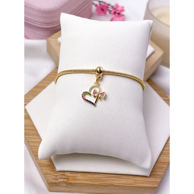 PULSEIRA FOLHEADA A OURO - PINGENTE BERLOQUE CORAÇÃO COLORIDO