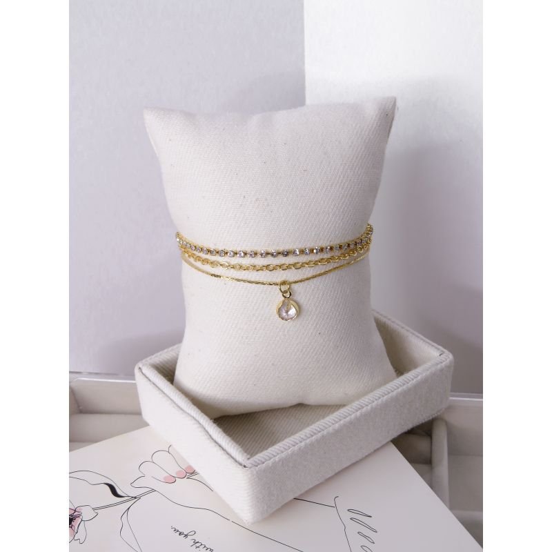 PULSEIRA FOLHEADA A OURO - TRES FIOS COM PONTO DE ZIRCONIA