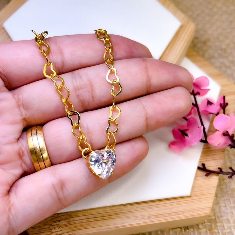 PULSEIRA FOLHEADA A OURO 18K - ZIRCONIA CORAÇÃO