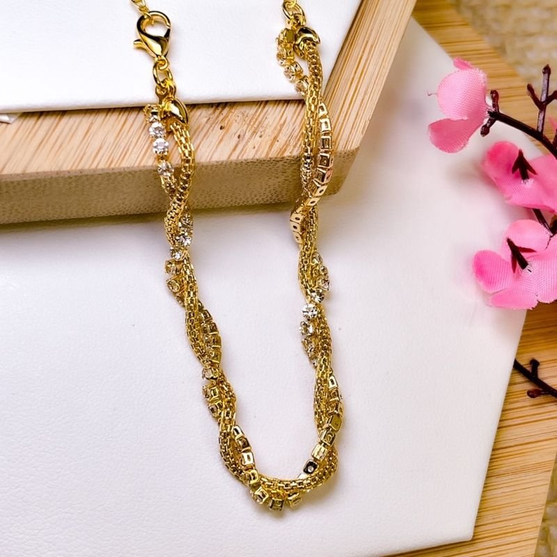 PULSEIRA FOLHEADA A OURO 18K - TRANÇADO MALHA E ZIRCONIA
