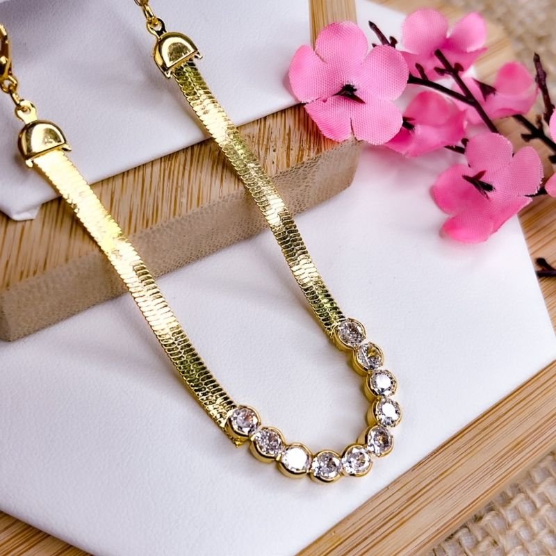 PULSEIRA FOLHEADA A OURO 18K - FITA COM ZIRCONIA REDONDA