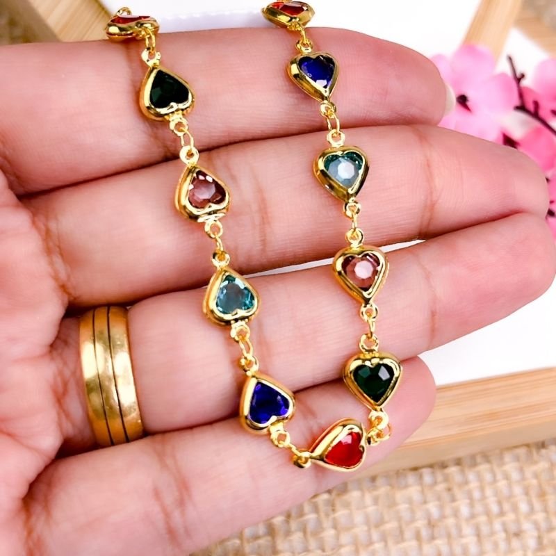 PULSEIRA FOLHEADA A OURO 18K - TIFANY CORAÇÃO COLORIDO