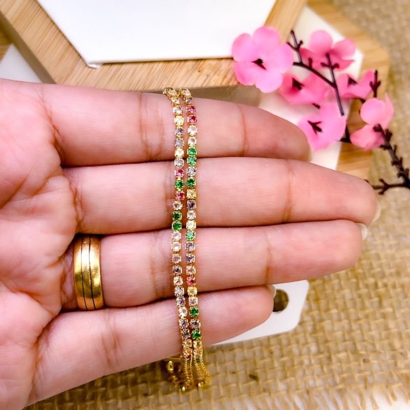 PULSEIRA FOLHEADA A OURO 18K - RIVIERA DOIS FIOS COLORIDA
