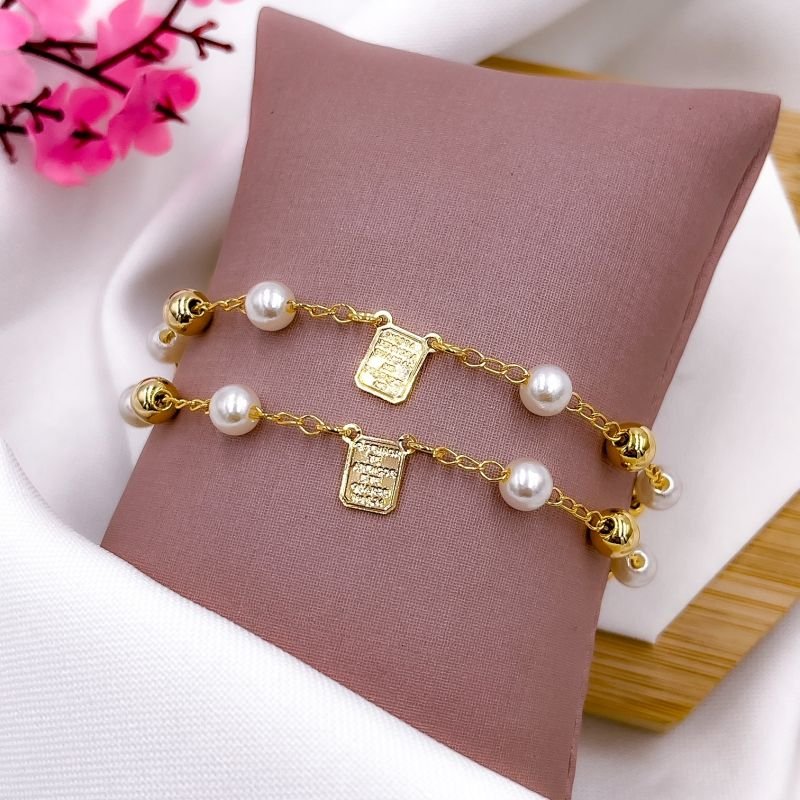 PULSEIRA FOLHEADA A OURO 18K - BOLINHA E PÉROLA NOSSA SENHORA