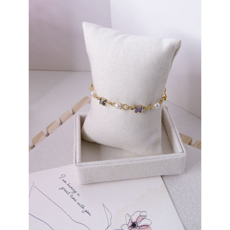 PULSEIRA FOLHEADA A OURO 18K - BORBOLETAS COM PEROLA