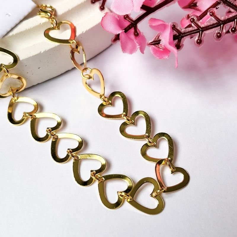PULSEIRA FOLHEADA A OURO 18K - CORAÇÕES VAZADOS
