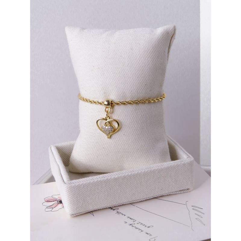 PULSEIRA FOLHEADA A OURO 18K - CORDÃO BAIANO PINGENTE CORAÇÃO CRAVEJADO