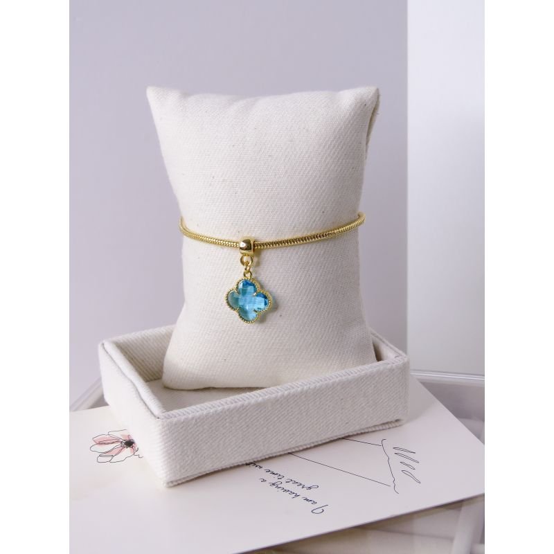 PULSEIRA FOLHEADA A OURO 18K - RABO DE RATO TREVO AZUL