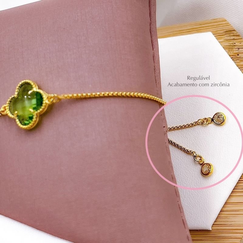 PULSEIRA FOLHEADA A OURO 18K - REGULÁVEL TREVO VERDE CLARO