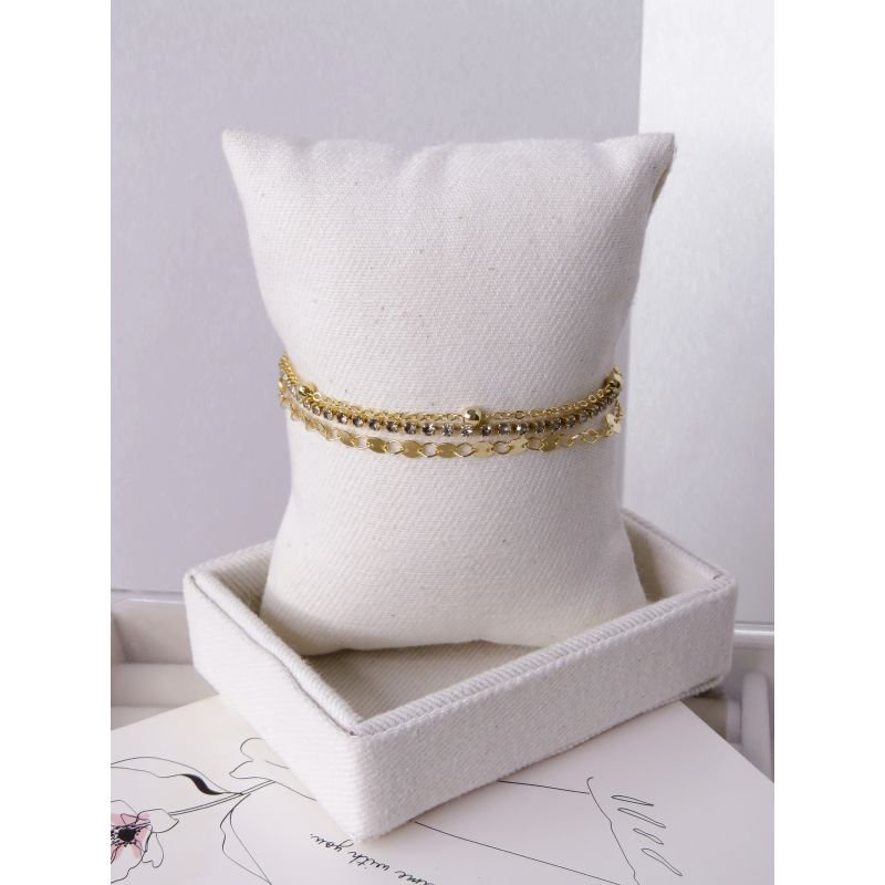 PULSEIRA FOLHEADA A OURO 18K - TRES FIOS MEDALHINHAS E BOLINHA