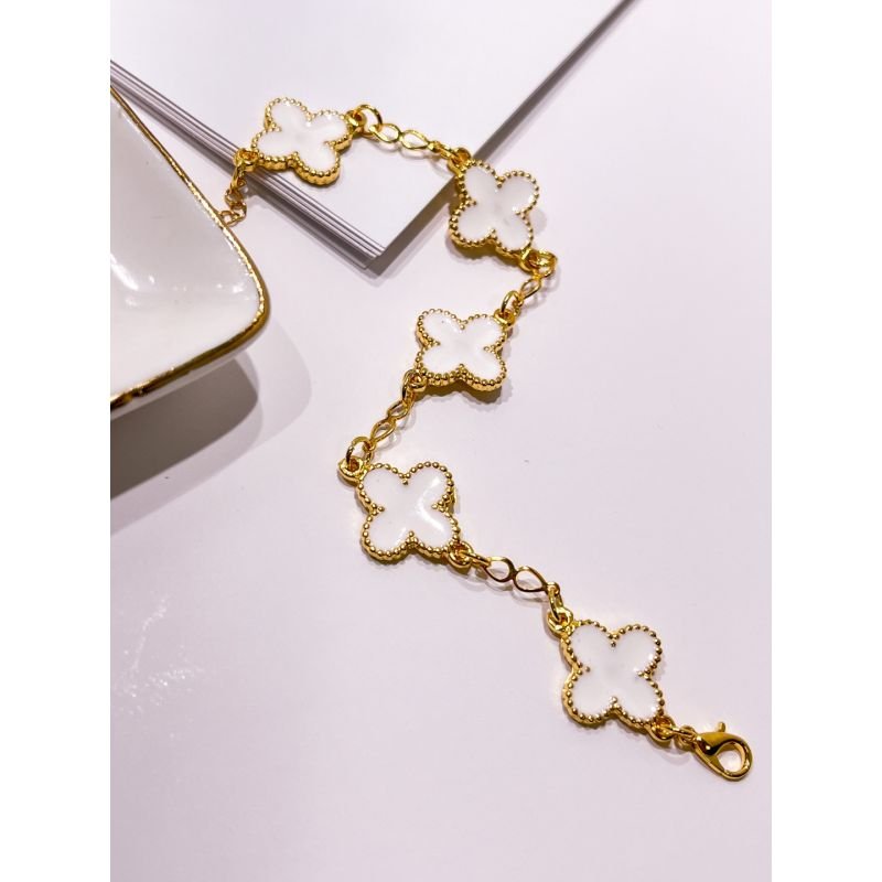 PULSEIRA FOLHEADA A OURO 18K - TREVO VIRGINIA ESMALTADO BRANCO